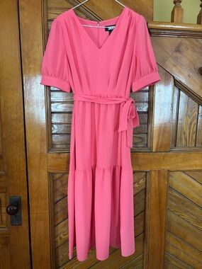 DKNY Tiered Midi Dress with Waist Tie